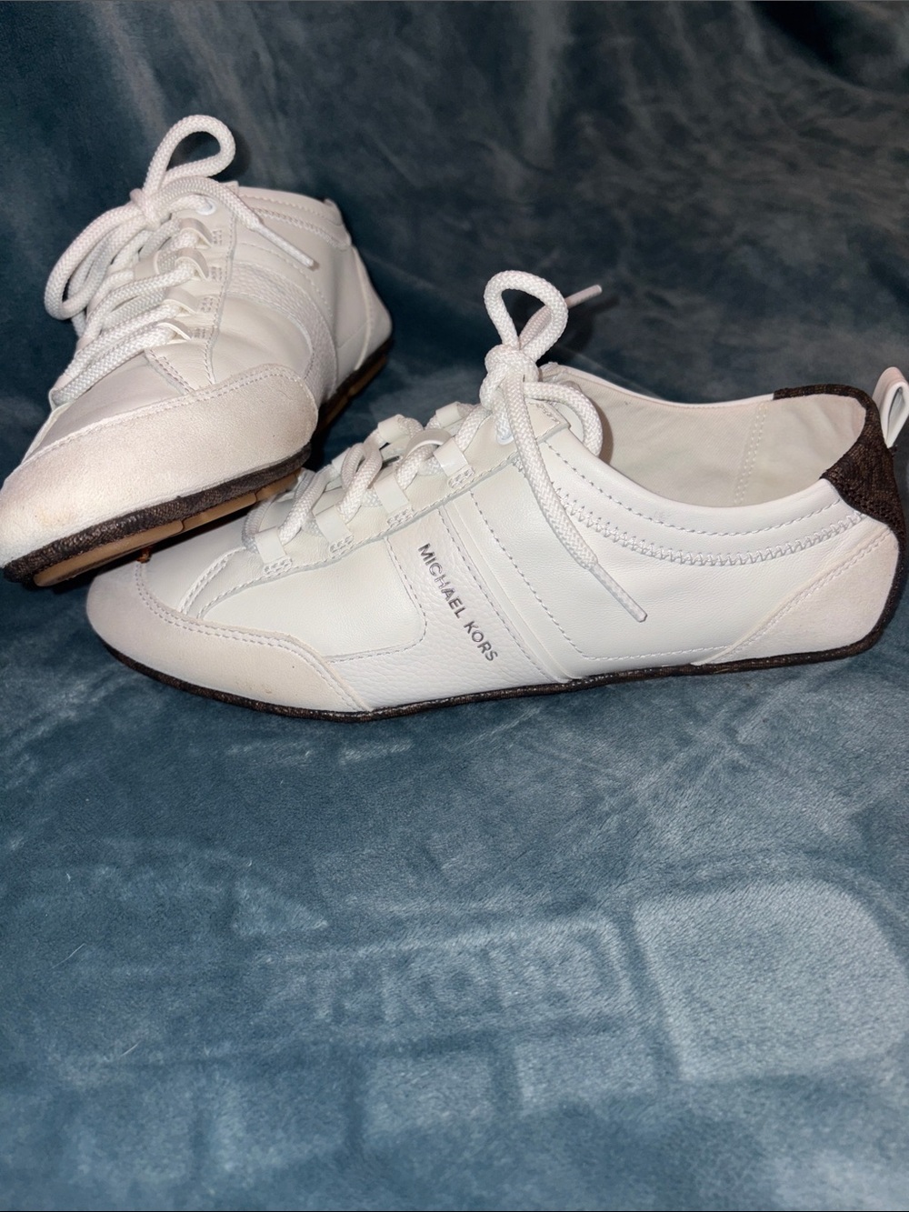 Michael Kors White Leather Low-Profile Lace-Up Sneakers with Brown Trim